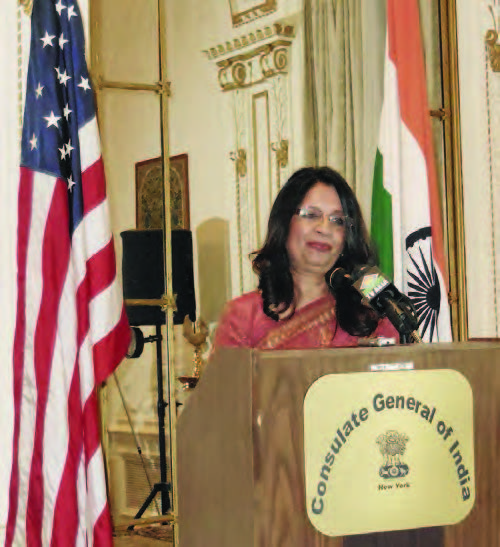Nirupama Rao delivering lecture on women who lead