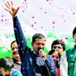Arvind Kejriwal at a victory rally soon after the AAP got a landslide victory in Delhi elections, with 67 out of 70 seats.