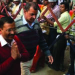 Delhi Chief Minister Arvind Kejriwal arriving to attend the Janta Darbar at the AAP office in Kaushambi in Ghaziabad on Feb 18.