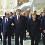 Belarus’ President Lukashenko, Russia’s President Putin, Ukraine’s President Poroshenko, Germany’s Chancellor Merkel and France’s President Hollande walk during peace talks in Minsk