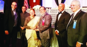 Society of Indo American Engineers and Architects honored Shakir at the annual gala in November 2014. He is seen here with Lok Sabha speaker Sumitra Mahajan who had given away the award. Also seen (second from left) is the Consul General of India in New York, Ambassador Dnyaneshwar Mulay.