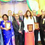NFIA Honorees (L to R) : Navneet S. Chug, Mark E. Pulido (Mayor of City of Cerritos),. Deepak Viswanath ( Son of Dr.. B.N. Viswanath) , Rangaesh Gadsalli, Ashok Madan ( NFIA President Elect ) N. K. Mishra (Embassy of India ), Aparna Hande, Venkatesan Ashok ( Consul General of India ), Sohan P. Joshi ( NFIA President), Amrapali Ambegaokar, Dr. Bharat H. Barai, Lal K. Motwani ( Chair NFIA Foundation), K.V. Kumar, Drs. Radha & S. Giridharan ( Receiving HHH Award) Samita Das, Rita Sahai and Rajen Anand ( NFIA past President) Back Row: Abraham Thomas ( ( Founding President NFIA) and Kewal Kanda (Event Coordinator)