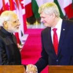 Prime Minister of Canada Stephen Harper and Narendra Modi, Prime Minister of India, shake hands following a joint press conference in Centre Block on Parliament Hill.