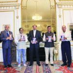 At the book release. From L to R: Mohan Agase, Vijay Nambiar, Vishal Bharadwaj, H.R. Shah, Ambassador Mulay, Dr. Jayraman, Dr. Navin Mehta
