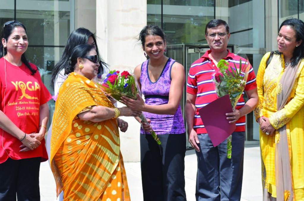 At the camp. L to R: Yoga Instructor Anita Rana, District Democratic leader Uma Sengupta, Prerna Reddy, Director, Queens Museum, Ambassador Dnyaneshwar Mulay and Malini Shah