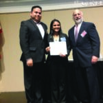GOPIO-CT Scholarship recipient Priya Gad receiving the scholarship award at the UConn Stamford Campus on June 1, 2015. Seen in the picture, from L to R: GOPIO-CT President Shelly Nichani, Priya Gada and Stamford Dollars for Scholar President Garry Freeman.