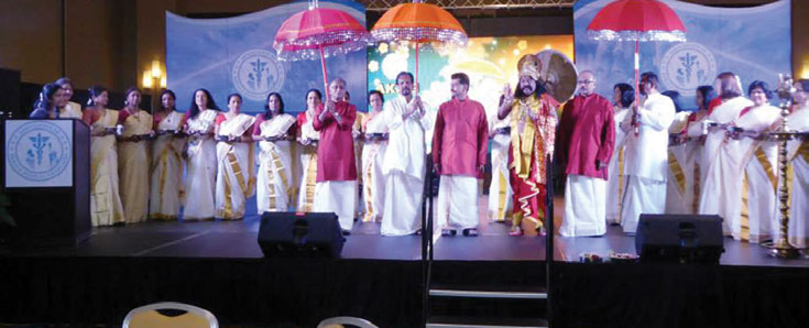 Onam Celebrations. A reception to King Mahabaili with thalapoli and chenda melam