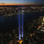 The Tribute in Light is an art installation of 88 searchlights placed next to the site of the World Trade Center to create two vertical columns of light in remembrance of the September 11 attacks. It is produced annually by the Municipal Art Society of New York.
