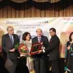 Mr. Harishchandra Mistry Honored: L to R : H. R. Shah, Ambassador Vijay Nambiar, Mrs. And Mr. Harishchandra Mistry, Ambassador Dnyaneshwar Mulay, Mrs. Damini and Mr. Girish Soni and Mr. Kenny Desai