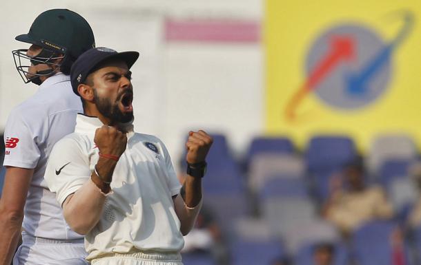 India’s captain Kohli celebrates after their win over South Africa on the third day of their third test cricket match in Nagpur