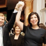 Madeline Singas celebrated her victory over Kate Murray in the D.A. race Tuesday night with friends and her husband, Theo Apostolou