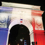 The Washington Square Arch at NYU changes the colors to support France and the people of Paris, on 14th Nov, 2015