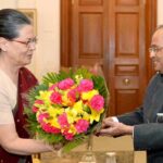 Congress president Sonia Gandhi greets President Pranab Mukherjee during a meeting at Rashtrapati Bhavan in New Delhi on Monday, November 2, 2015. (Press Trust of India photo)