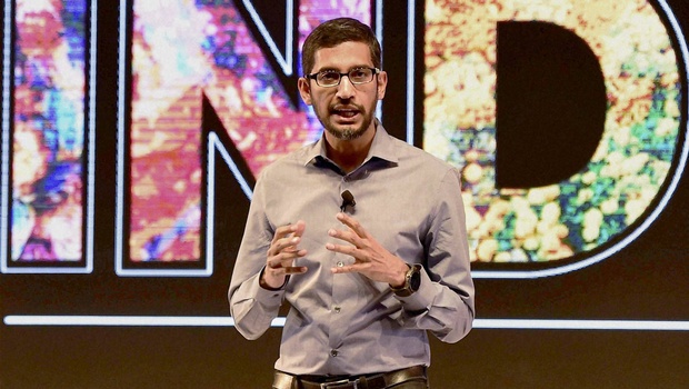 Google CEO Sundar Pichai gestures during a news conference in New Delhi on Wednesday. | PTI