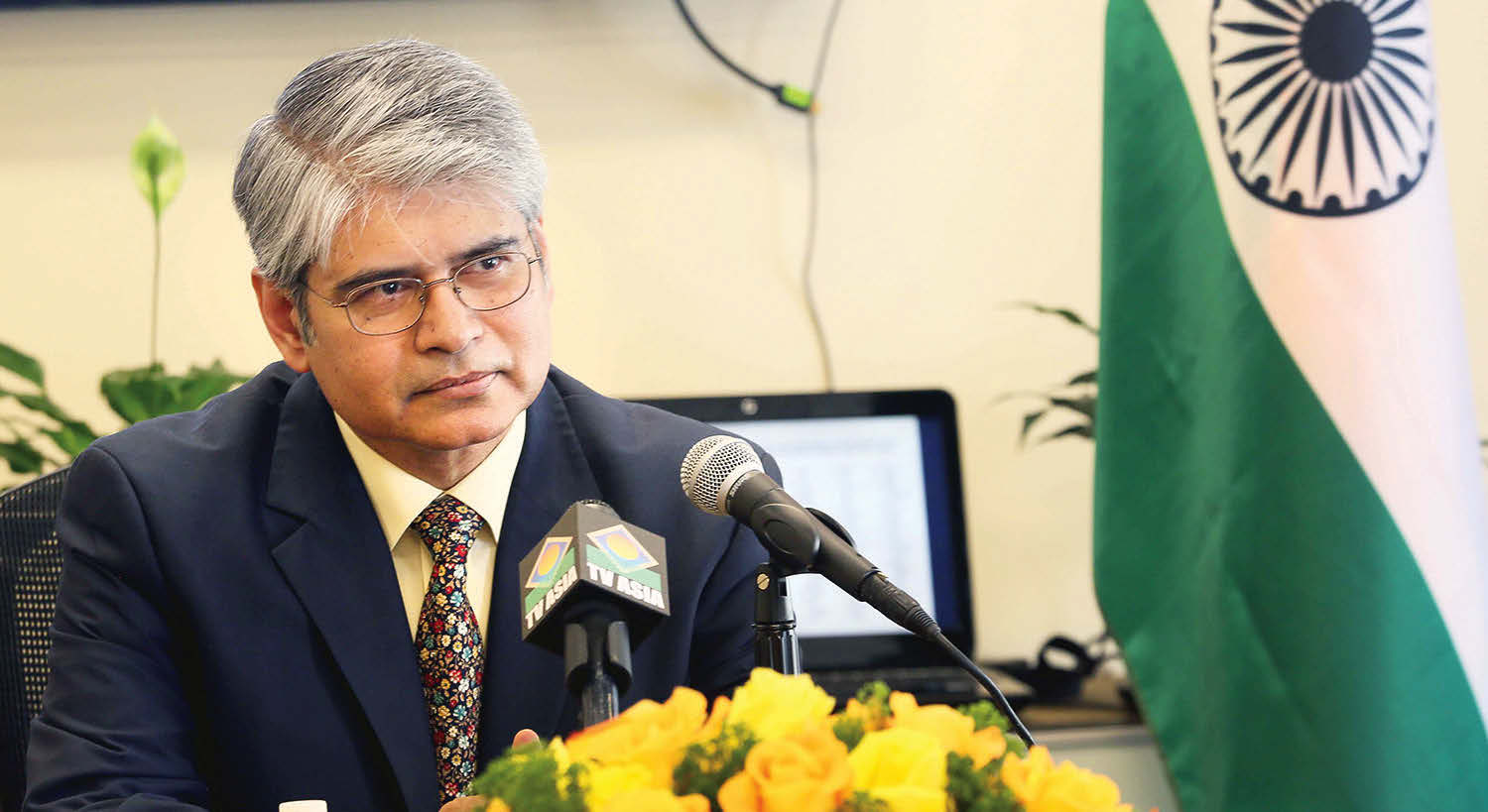 Ambassador Asoke Mukerji at a press conference