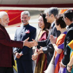 Ambassador Mukerji greets the Prime Minister of India, Narendra Modi. Seen from L to R: The then Ambassador to the US Jai Shankar, Mrs. Shankar, Ambassador Asoke Mukerji, Mrs. Mukerji, Consul General Dnyaneshwar Mulay and Mrs. Sadhna Mulay