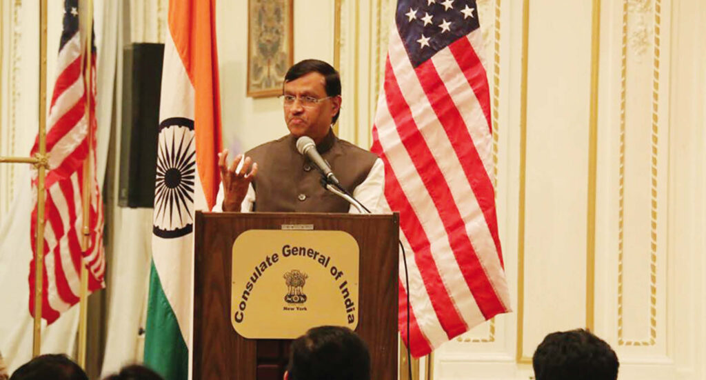 Ambassador Dnyaneshwar M Mulay speaks at the farewell to him organized at the Indian Consulate on February 14