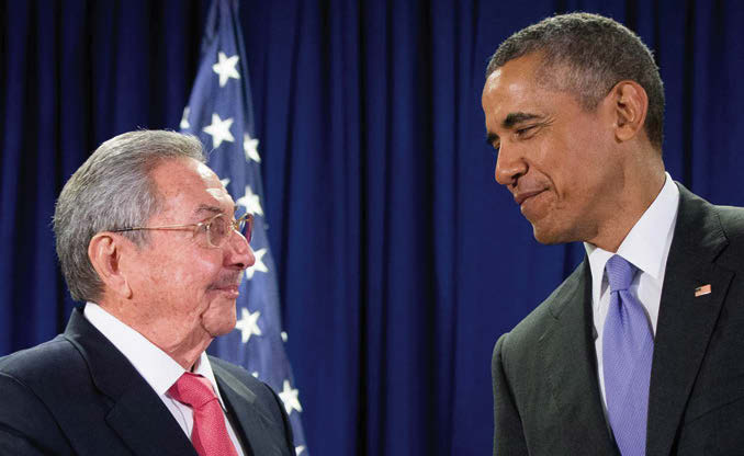 President Barack Obama talks with Cuban President Raul Castro before a bilateral meeting, Tuesday, Sept. 29, 2015, at the United Nations headquarters