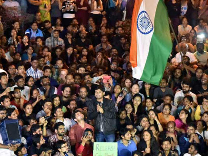 JNUSU President Kanhaiya Kumar addressing students after his release on bail from Delhi’s Tihar Jail on Friday (Photo- PTI)
