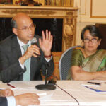 GOPIO's Round Table Meeting with Indian Consulate Officials, From L. to R: Suman Bala,Devvrat Chakravarthy, GOPIO International Coordinator Rajeev Mehta, Deputy Consul General Dr. Manoj Kumar Mohapatra, Ambassador Riva Ganguly Das Consul Sandeep Kumar and Vice Consul Sandeep Grover.