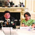 Minister spoke about various steps undertaken by Indian Government to improve energy access at a meeting with local media at the Indian Consulate on April 21. Seated with the Minister is Consul General Riva Ganguly Das