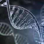 Spiral strand of DNA on the dark background