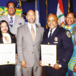 Present on the occasion of Guyanese Independence celebrations (L to R): Salvina Vanessa Baijnauth, Ridgewood Savings Bank; Indroutie Lutchman, Cohn and Wolfe Public Relations; Brooklyn Council Member Robert Corgney Jr.; Bronx Borough President Ruben Diaz Jr.; Inspector Steven Griffith, NYPD, Community Outreach Division; Council Members Andy King and Vanessa Gibson.