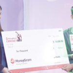 Bharat Jayakumar of Sunnyvale, California bagged the title of Champion and $10,000 prize money. (Left to Right): Rahul Walia, founder of the MoneyGram Cricket Bee, Ivy Wisco, MoneyGram, Bharat Jayakumar, National Champion of the MoneyGram CricketBee