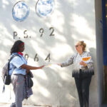 Manhattan Borough President Gale Brewer distributes flyers at PS 92