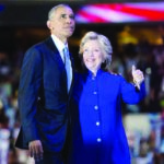US President Barack Obama hugs Democratic presidential nominee Hillary Clinton on Day 3 of the ongoing convention in Philadelphia, Pennsylvania. #DNCinPHIL,