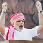 Prime Minister Narendra Modi addresses the nation from the Red Fort on the occasion of Independence Day in New Delhi. Photo : courtesy PTI