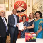 HR Shah wins Air India free return ticket. Seen in the picture, from L to R: Ravi Batra, HR Shah, Ambassador Riva Ganguly Das, Ranju Batra, Vandana Sharma, Regional Manager, Air India