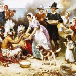 A painting depicts the first Thanksgiving in America in 1621