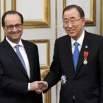 French President Francois Hollande shakes hands with UN Secretary General Ban Ki-moon after awarding him with the Legion of Honour (Legion d’Honneur) at the Elysee Palace in Paris
