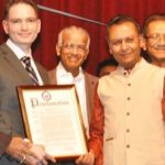 President of Long Island Gujarati Cultural Society Bakul Matalia and Vice President Vijay Shah presenting the prestigious US Congressional Award declaring November 12th, 2016 as "Dilip Chauhan Day" in the 6th Congressional District by Congresswoman Grace Meng, to Mr. DIlip Chauhan, Director of South East/ Asian Affairs for Nassau County Comptroller and a prominent South Asian Community leader Seen in the picture, from L to R: Naveen Shah of RANA, Dilli Raj Bhatta, recipient of Congressional Award Dilip Chauhan, Arvind Vora, Bakul Matalia, Virendra Patel and Vijay Shah - Photo/ Vijay Shah