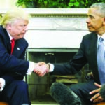 U.S. President Obama greets President-elect Trump in the White House Oval Office in Washington, November 10.