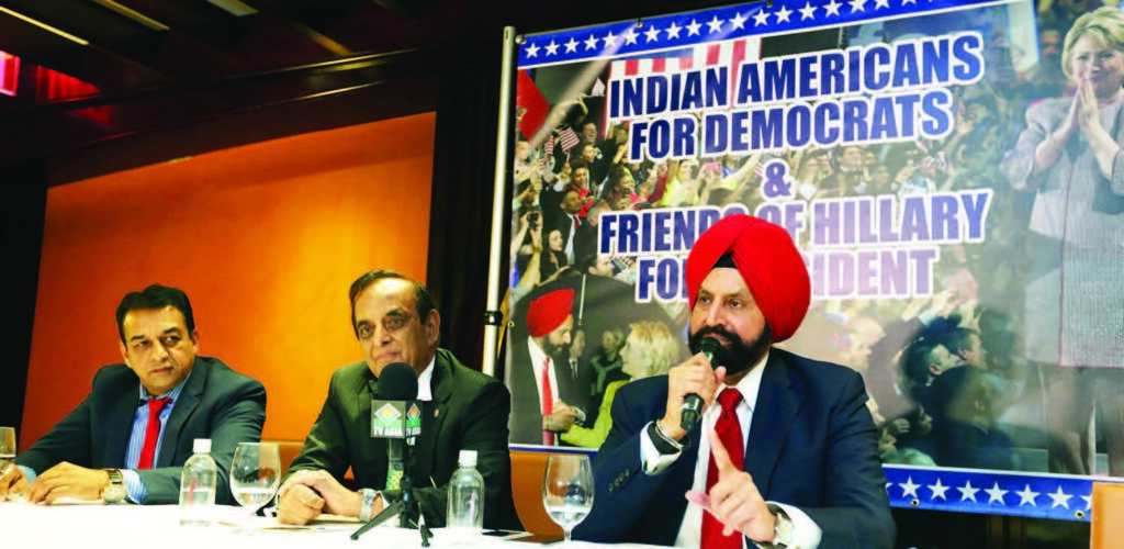 Sant Chatwal, Chairman , Indian American Democrats & Friends of Hillary appeals for collective vote at a press conference held at The Chatwal Hotel in Manhattan on 2nd November, 2016. Seen from L to R:Mike Patel, hotelier and former commissioner in President Clinton's White House Initiative on Asian Americans and Pacific Islanders, Dr Bhupi Patel, former chief of medicine at Mount Sinai Hospital, Queens, and Sant Chatwal
