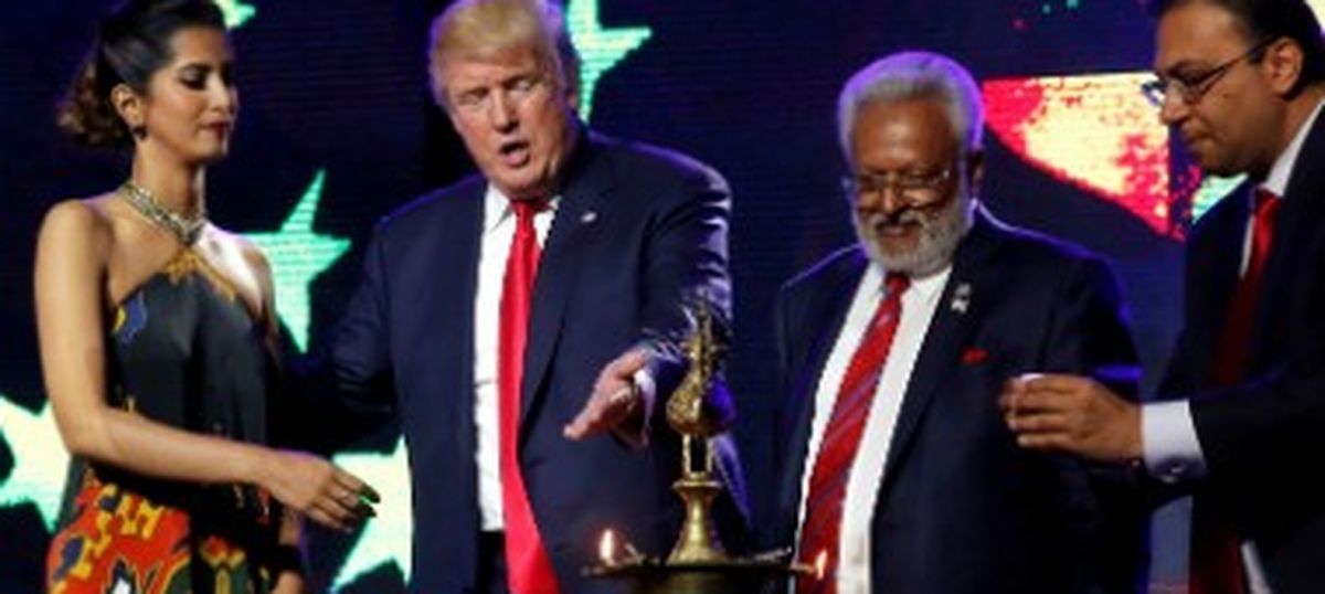 Republican candidate Donald Trump  at RHC rally in NJ., October 15. RHC Chairman Shally Kumar is seen to his left.                                                                                      Photo courtesy Facebook