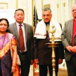 A lamp was lighted to inaugurate the kick off at the Indian Consulate. Seen in the picture, from L to R: The Indian Panorama EditorProf. Indrajit Saluja, Mrs. Purnima Desai, Vice Chair,Hindi Sangam Foundation,L. T. Ngaithe, Head of Chancery at the Indian Consulate who presided over the kick off,Padma Bhushan Dr. Lakshmi Prasad Yarlagadda, Chairman of the Organizing Committee of the conference, Ashok Ojha, chief coordinator and president of Hindi Sangam Foundation,Dr. Bijoy Mehta, Chairman, Hindi Sangam Foundation