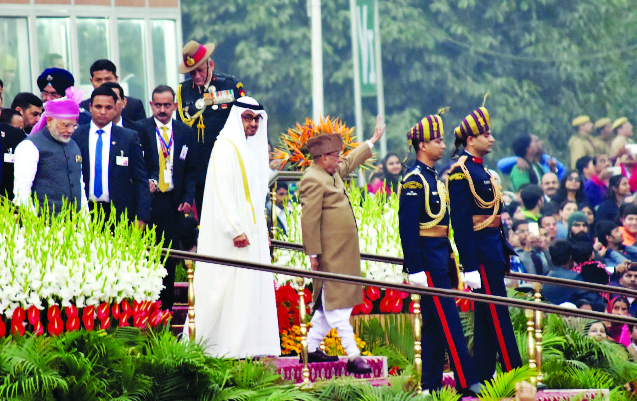 The President, Shri Pranab Mukherjee and the Prime Minister, Shri Narendra Modi with the Chief Guest of the Republic Day, The Crown Prince of Abu Dhabi, Deputy Supreme Commander of U.A.E. Armed Forces, General Sheikh Mohammed Bin Zayed Al Nahyan, returning after witnessing the 68th Republic Day Parade 2017, in New Delhi on January 26, 2017.