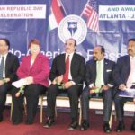 On the dais are seen Chief Guest Nagesh Singh, Consul General of India in Atlanta (second from left), Guest of Honor Charlotte Nash, chair of Commissioners of Gwinnet County (third from left), other dignitaries and IAPC office-bearers