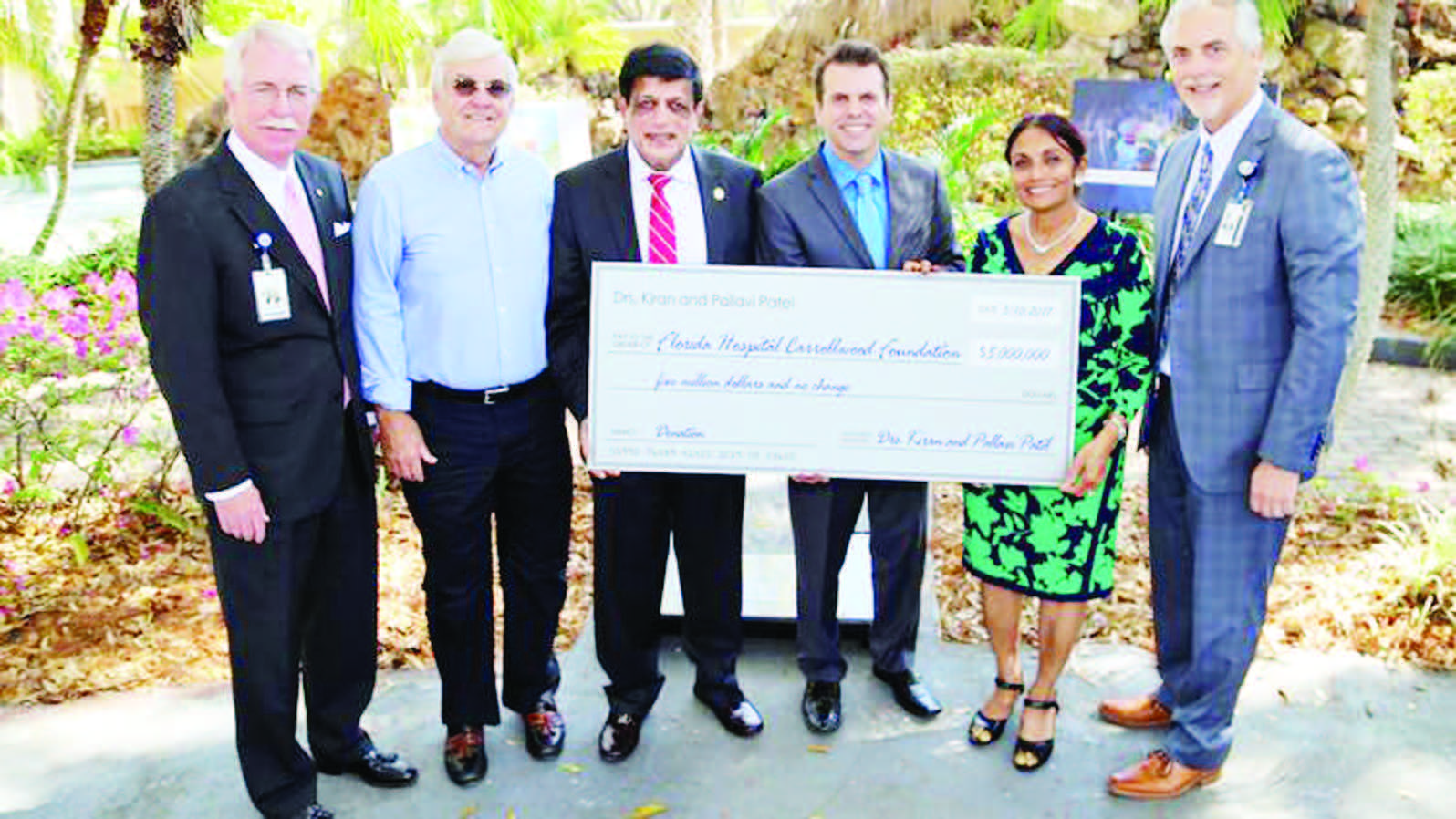 Dr. Kiran Patel and wife Dr. Pallavi Patel present a donation of $5 million to Florida Hospital Carrollwood