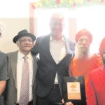 (L to R)-Steve Wilhelm, Arish Sahani, Mayor Bill De Blasio, Acarya Vimaleshananda Avadhuta, Acarya Abhiramananda Avadhuta