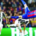 Barcelona’s Lionel Messi is airborne after being challenged by Juventus’ Miralem Pjanic during their Champions League quarterfinal second leg match in Barcelona. Photo: AP/PTI