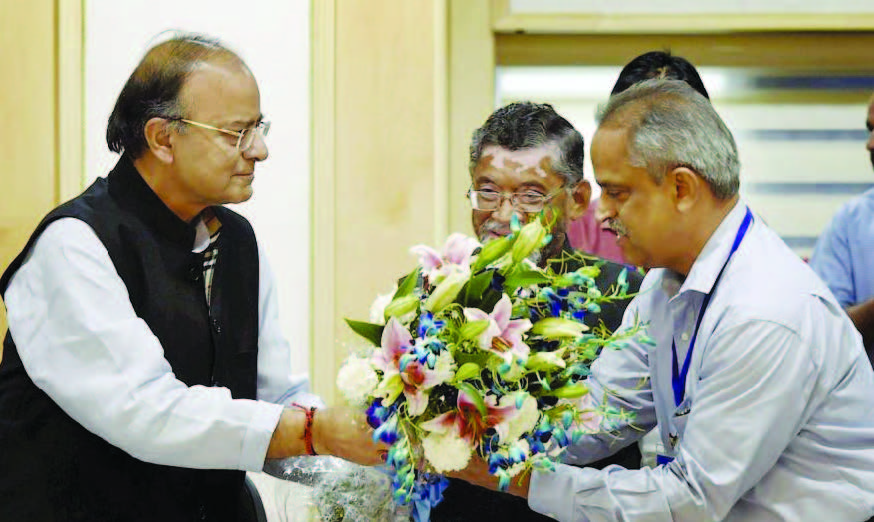Finance minister Arun Jaitley with CBEC?chairman Najib Shah after the 13th GST Council Meeting at Vigyan Bhawan in New Delhi on March 31, 2017. Courtesy: PTI
