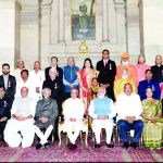 President Pranab Mukherjee, Vice-President Hamid Ansari, Prime Minister Narendra Modi and other dignitaries with the recipients of Padma Vibhushan at the Padma Awards 2017 function at Rashtrapati Bhavan in New Delhi on Thursday. Photo courtesy PTI