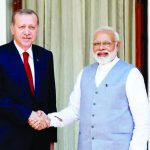 Turkish President Recep Tayyip Erdogan being welcomed by Prime Minister Narendra Modi Photo courtesy PTI