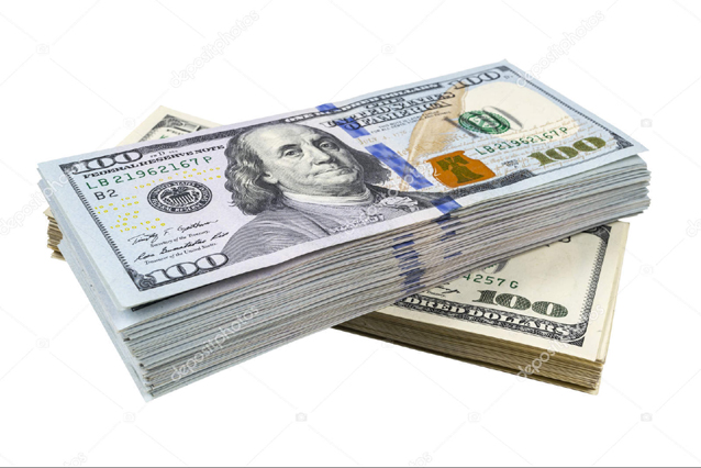 Stack of one hundred dollar bills isolated on white background.