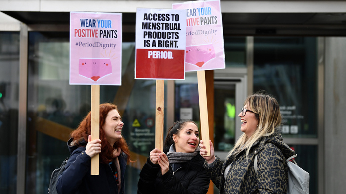 Rally Outside Parliament To Support Free Provision Of Period Products In Scotland
