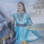 Indian American artist Sujata Tibrewala’s painting “Bloody Immigrant” depicts Deb Haaland